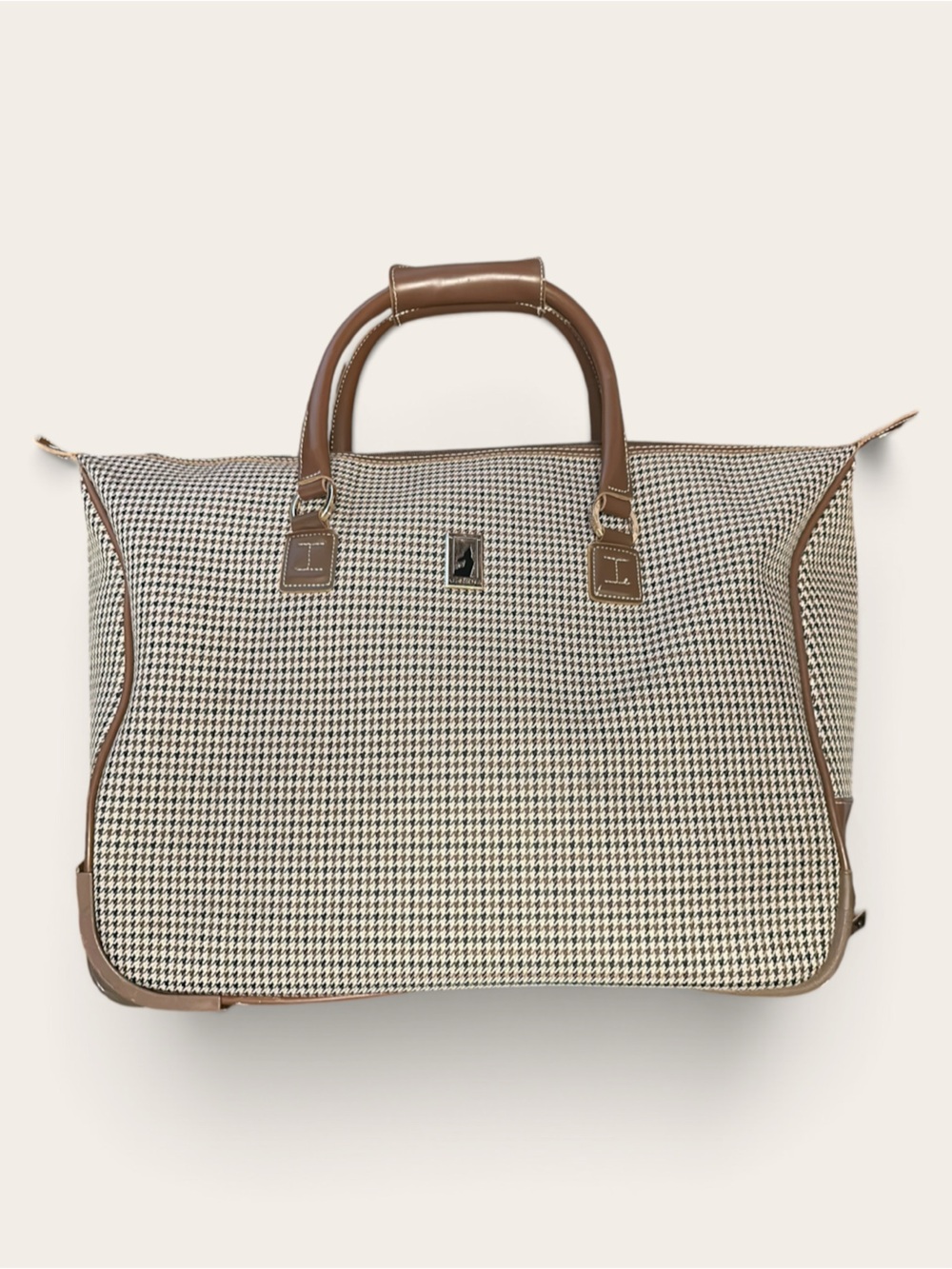 Vintage London Fog Brown Houndstooth Travel Tote with Leather Trim